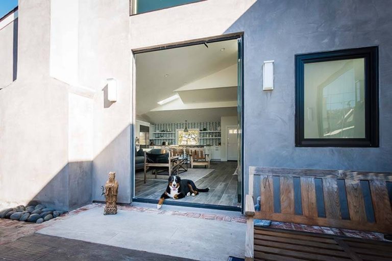 Outside patio looking into living room with stacked frameless sliding glass doors and dog.